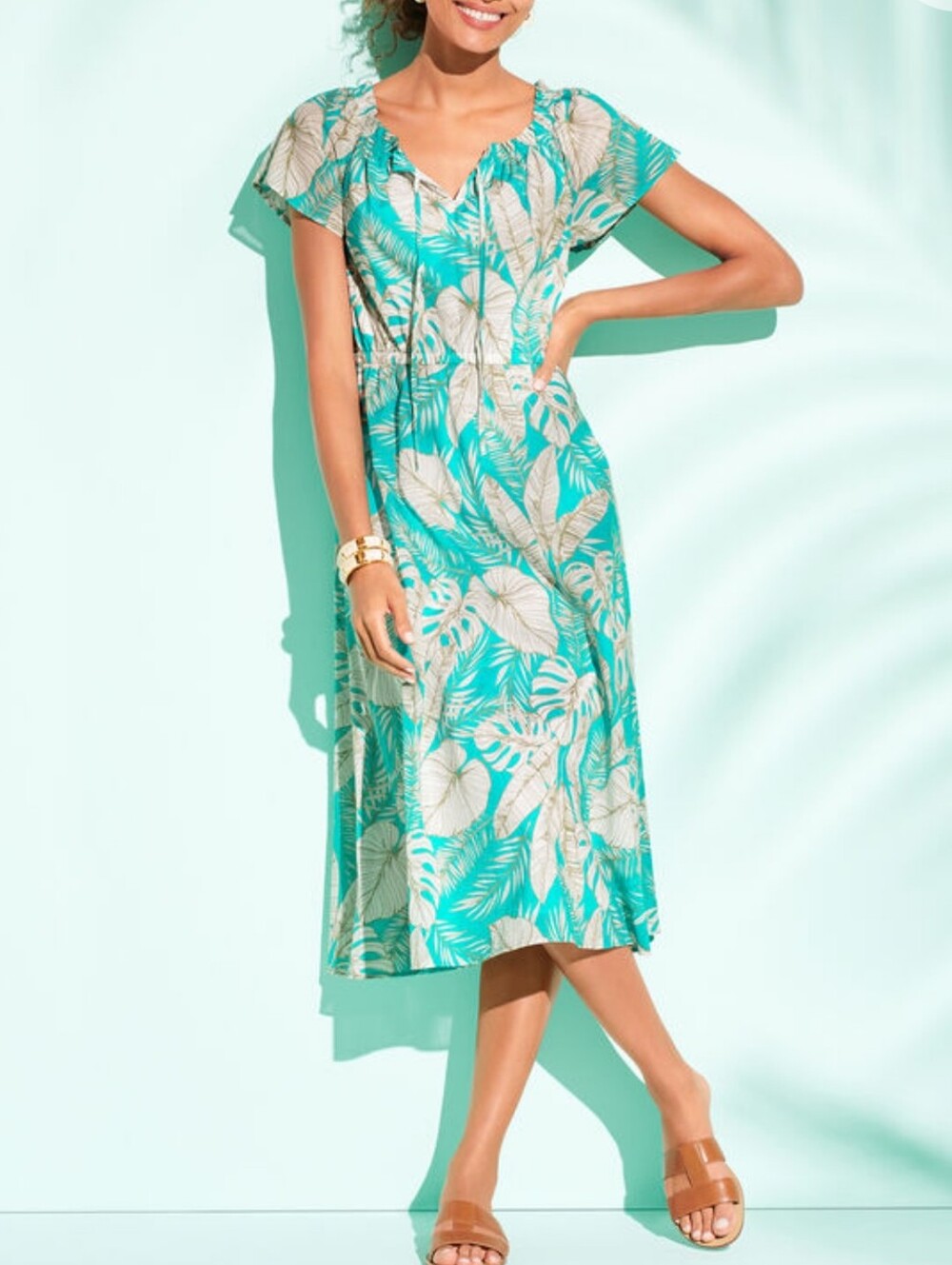 Talbots Sketched Leaves Cotton Midi Fit Flsre Dress